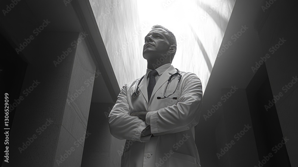 Poster a professional scientist dressed in a lab coat, focused on work