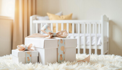 Charming baby shower gift box in cozy nursery, joyful celebration