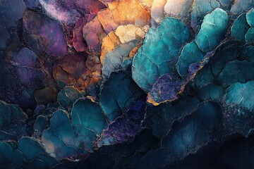 Abstract art featuring deep teal, purple, and gold hues creating a textured, organic pattern.