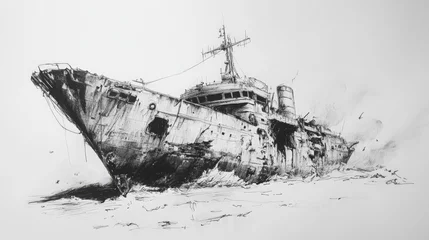 Naadloos Fotobehang Airtex Monochrome drawing depicting an old wrecked ship, an abandoned vessel on the sea © Khaisan