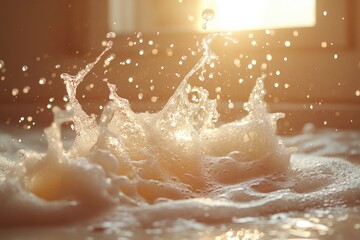 Fototapeta premium A splash of water on the surface of a bathtub with fresh towels and soap nearby