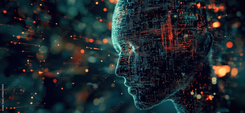 Poster digital human face with glowing circuitry and data patterns in futuristic design