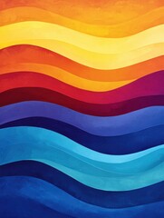 A vibrant abstract painting featuring layered waves in warm and cool colors, creating a harmonious flow and dynamic visual rhythm.