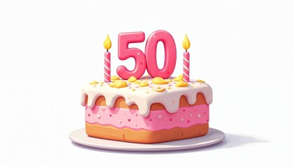 Festive 50th birthday cake celebration concept. Pink frosted icing, lighted candles adorn layered square pastry. Joyful anniversary milestone design with sweet confection, sugar treat on white