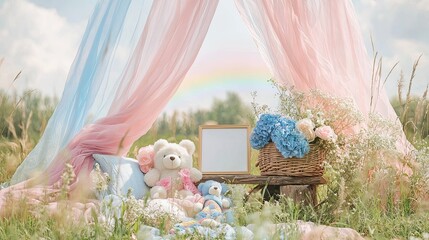 A dreamy, ethereal rainbow baby announcement set in a sunlit meadow with soft pink and soft blue hues. A flowing sheer blush pink and pastel blue fabric 