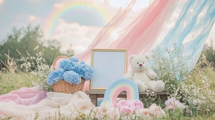 A dreamy, ethereal rainbow baby announcement set in a sunlit meadow with soft pink and soft blue hues. A flowing sheer blush pink and pastel blue fabric 