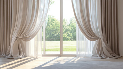 Soft beige and white curtains drape elegantly, framing a bright, sunlit view of a vibrant green landscape outside. The warm atmosphere creates a tranquil indoor environment