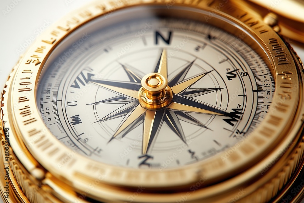Poster A close-up shot of a golden compass on a white surface, great for use in editorial or commercial contexts where navigation and direction are key