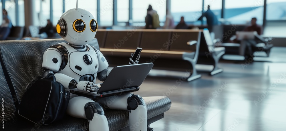Poster robot using laptop in airport terminal while waiting for flight with passengers around