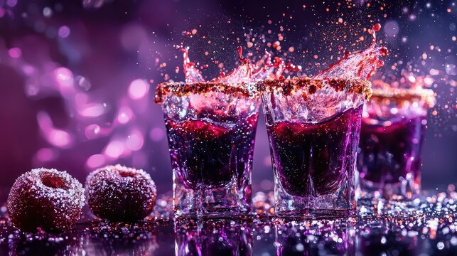 A dynamic, close-up wide-angle shot of 5-sided shot glasses filled with thick, glossy purple jamun pulp, their rims coated with a festive mix of salt and chili 