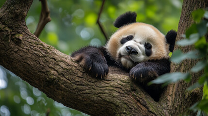 Giant panda resting on a tree branch in a lush green forest, peacefully lying with its paws hanging over the edge. Cute and sleepy wildlife scene in its natural habitat in China.

