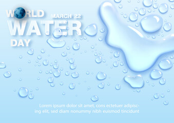 Poster's campaign of world water day with transparent pure water droplets with wording of world water day, example texts on blue background.