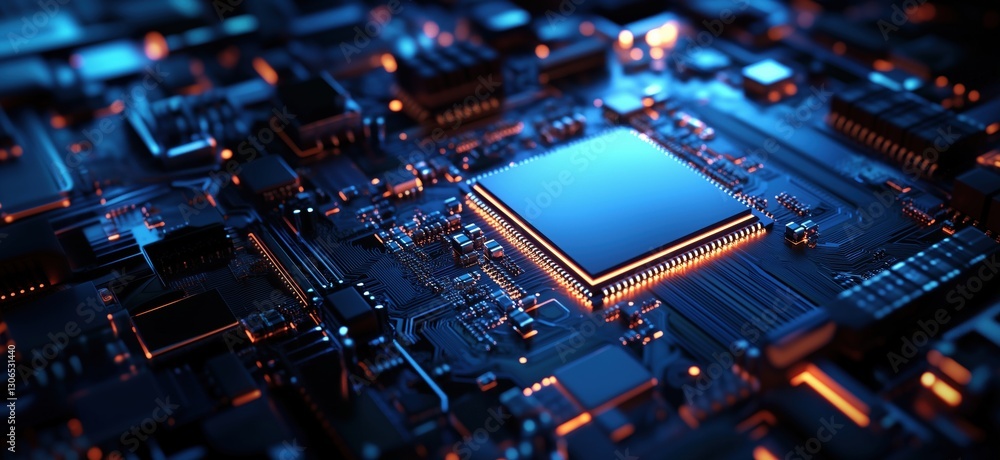 Poster close-up view of a modern microchip on a circuit board with glowing elements