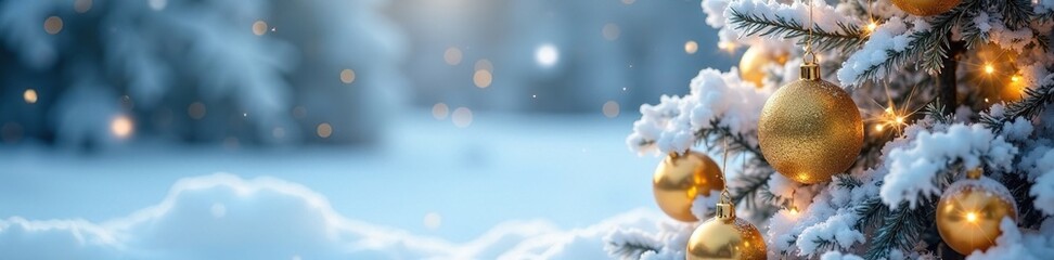 Icy landscape with snow-covered branches and golden ornaments draped on the white Christmas tree, golden ornaments, white Christmas tree