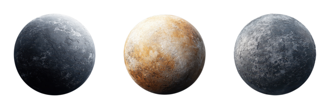 Realistic 3D render of three distinct planetary surfaces