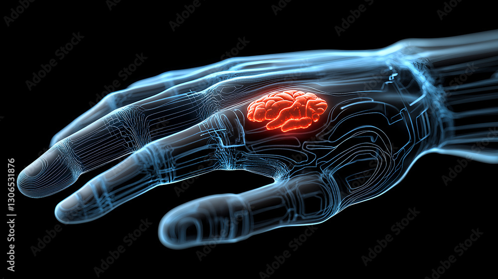 Poster exploring neurotechnology brain-enhanced hand functionality laboratory digital art dark environment 