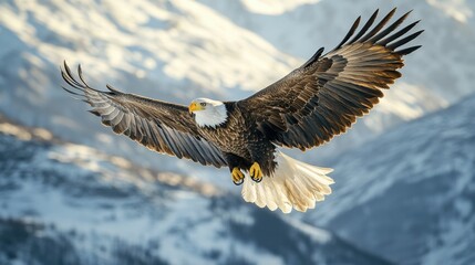 Obraz premium An eagle soaring high above the mountains, watching over the land Illustrating vision, strength, and leadership.