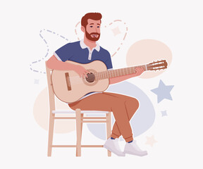 Man, bearded handsome guy in casual sporty wear guitar play pose. Stylish athletic sportswear polo, modern active fit city leisure, comfort. Vector flat style cartoon illustration, creative background