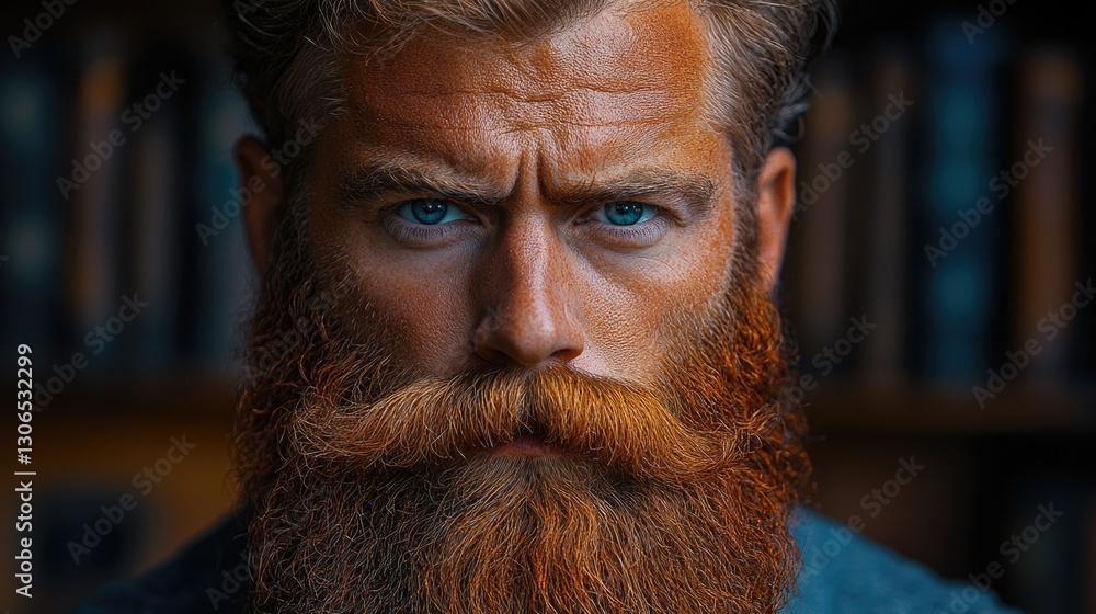 Poster A close-up shot of a bearded man's face, suitable for use in editorial or commercial contexts where a personal or professional image is required