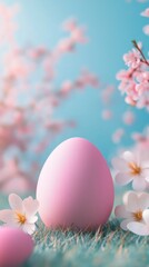 Fototapeta premium Delicate pink egg amid soft blossoms and blue sky.