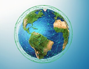Stylized digital globe logo, featuring interconnected lines and dots to symbolize global connectivity and advanced technology, in cybernetic blue and digital green colors, white background