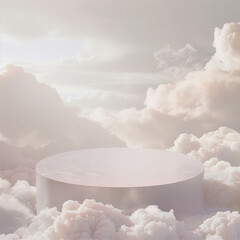 Empty round product stand stands in the sky among beautiful clouds

