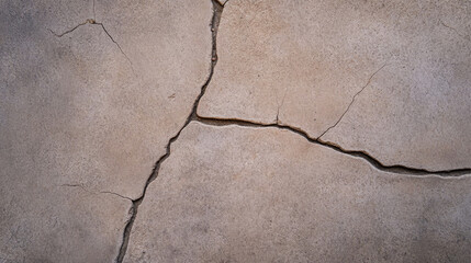 Obraz premium Cracked cement surface with textured appearance, showcasing natural wear and tear. light beige color highlights intricate patterns formed by cracks, creating interesting visual
