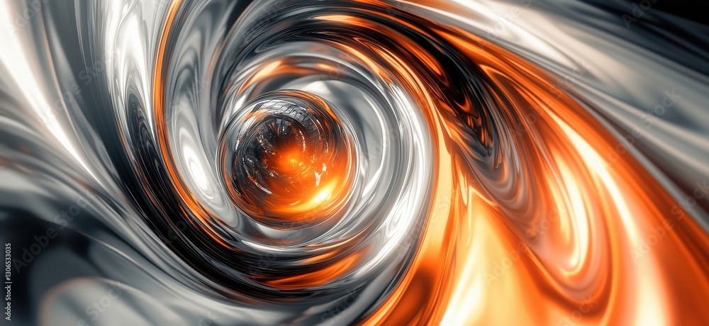 Poster abstract swirling vortex with orange and silver metallic tones creating a dynamic illusion