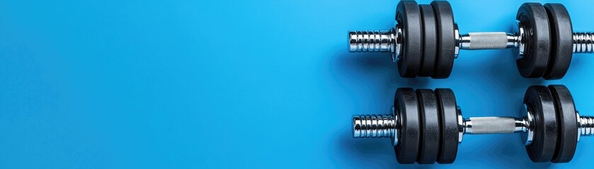 Fototapeta premium Fitness dumbbells on blue. Workout equipment. Gym. Exercise. Sport