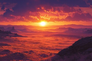 Fototapeta premium A breathtaking sunset over a vast, fiery desert landscape, casting long shadows and vibrant colors.