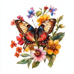 A butterfly on a flower, Colorful butterfly on bright flowers painted