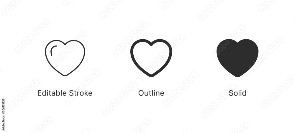 Poster Heart icon set. add to favorite icon heart love icon button - save icon symbol - love like icon button in three styles: editable stroke, outline and solid