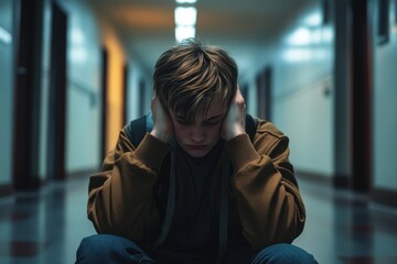A young person struggles with depression and bullying in a dark, lonely school corridor