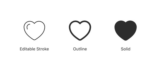Heart icon set. add to favorite icon heart love icon button - save icon symbol - love like icon button in three styles: editable stroke, outline and solid