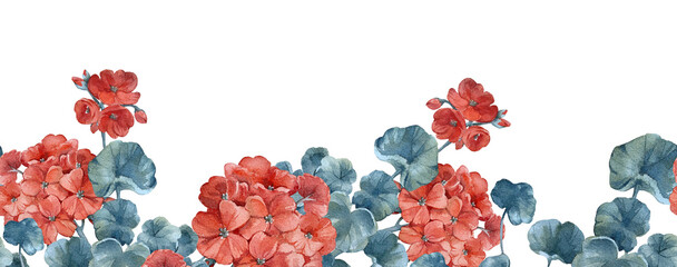 Watercolor seamless border with hand drawn red geranium flowers and leaves isolated on white background. Template for label design, fabric and textile design