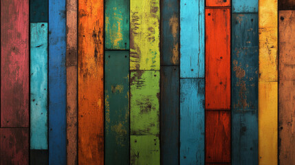 Colorful wooden board texture with vibrant hues and rustic charm. This wallpaper showcases mix of blue, green, orange, and red tones, creating lively and artistic backdrop