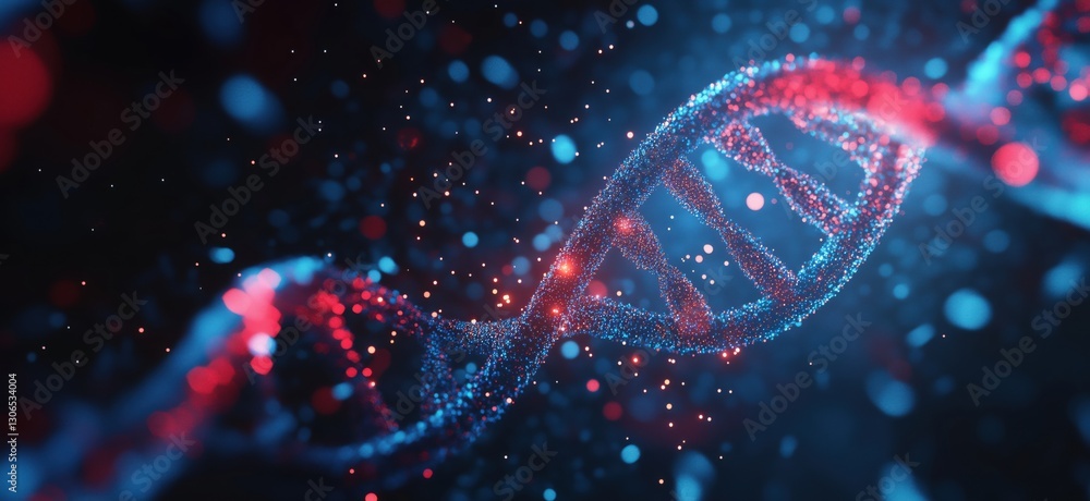 Poster colorful 3d representation of dna double helix with glowing particles and abstract background