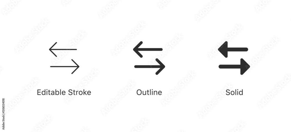 Leinwandbilder arrows transfer icon, exchange arrow icons - Swap icon with two arrows in three styles: editable stroke, outline and solid