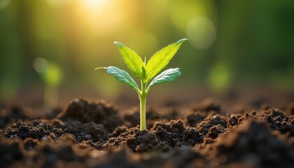 Green sprout grows in fertilized soil with blurred back light. New germ bud, plant leaf sprouts on ground. Agriculture, nature rebirth, spring, new life concept. Sustainable agriculture, eco farming.