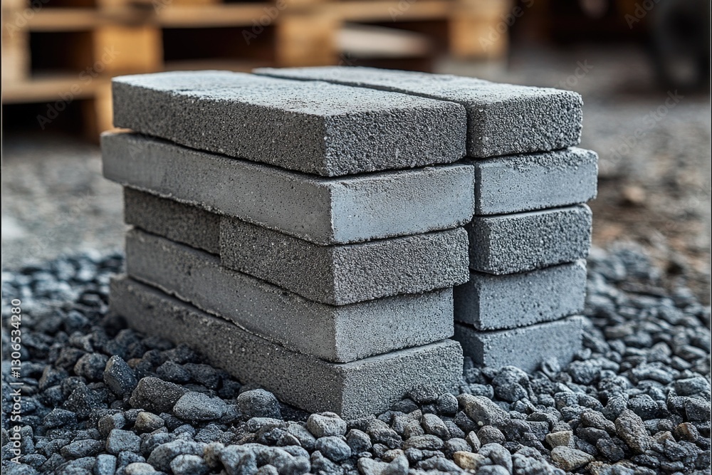 Poster A stack of cinder blocks resting on a pile of gravel, suitable for use in construction or landscaping projects