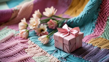 Pink gift box with ribbon and flowers on a colorful knitted blanket background