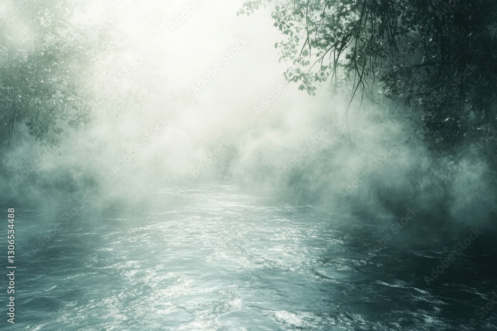 Poster Misty river flows through a foggy forest, creating an ethereal and serene atmosphere.