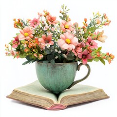 flowers bouqet in cup and old Open the book in garden, A cup with flowers in it on an open book