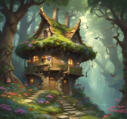 Illustration of goblin house in green forest.