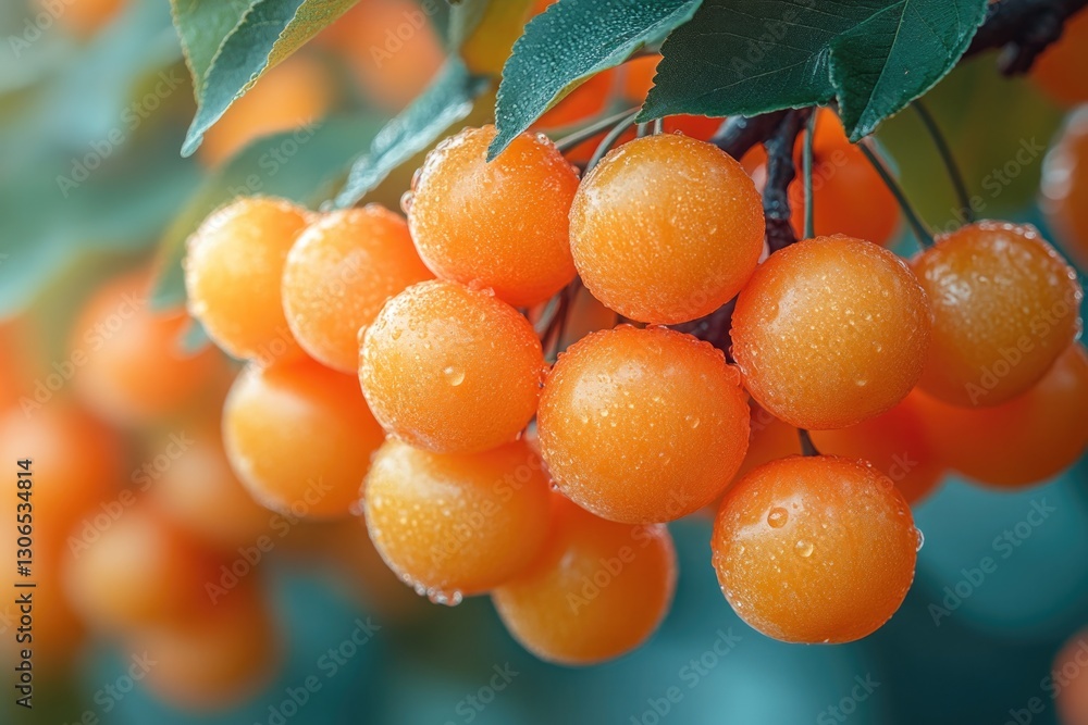 Poster a cluster of ripe orange berries hangs from a tree branch, ready for picking