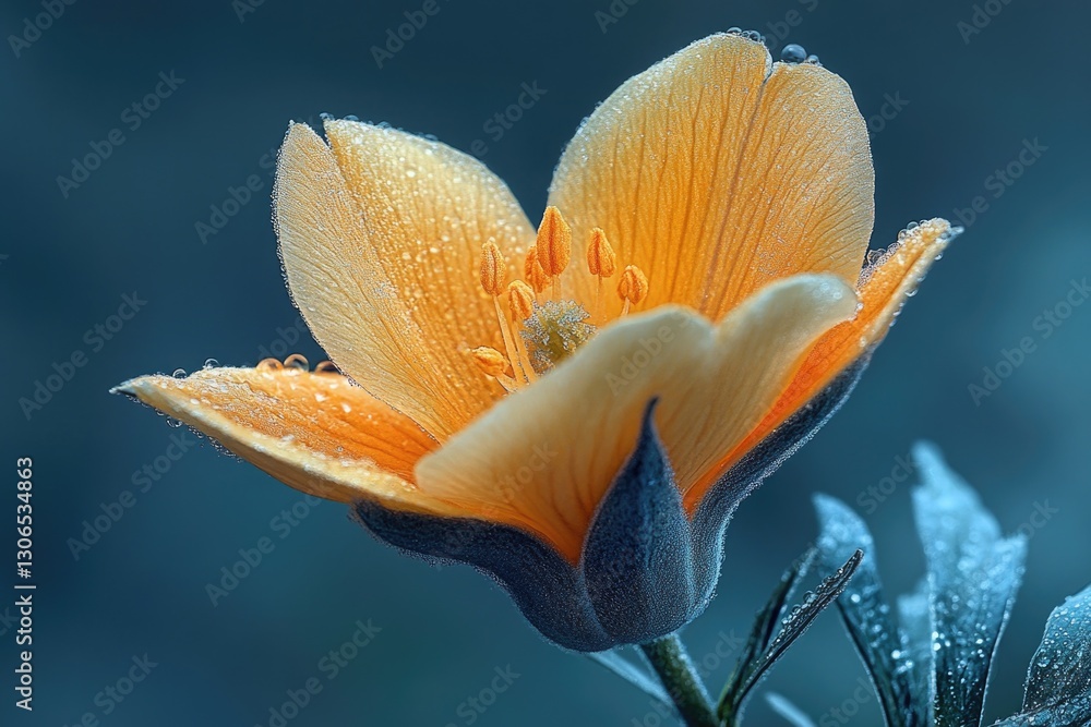 Poster a macro shot of a flower with water droplets glistening on its petals, ideal for use in botanical or