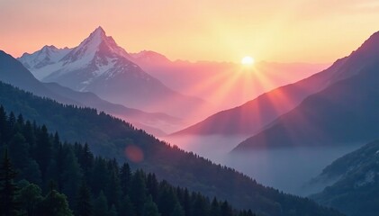 Obraz premium Soft morning light filtering through mountains peaks, fog, serene, sunrise