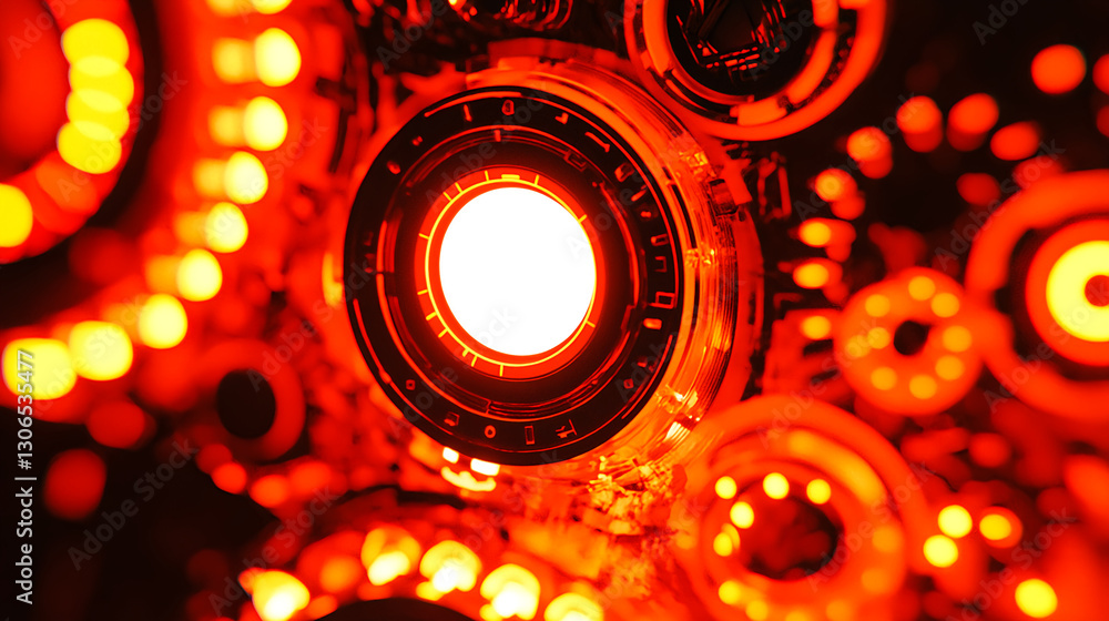 Poster exploring pulsating red illuminations high-tech lab image series abstract close-up light and shadow 