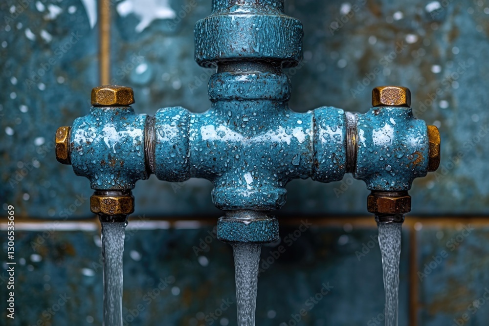 Poster a close-up view of a functioning water faucet, with water flowing from the spout