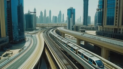 City train elevated transit, modern skyscrapers, highway intersection, travel